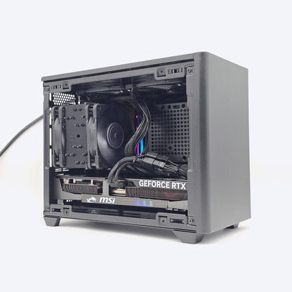 Open computer case with visible GeForce RTX graphics card on a white background