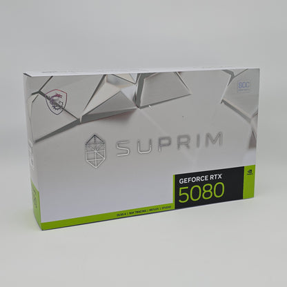 Suprim GeForce RTX 5080 graphics card packaging on a white background