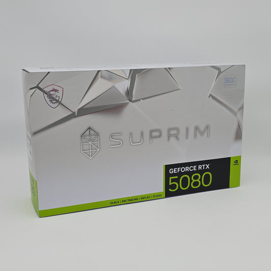 Suprim GeForce RTX 5080 graphics card packaging on a white background