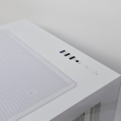 Close-up of a white electronic device with control buttons on a light gray background