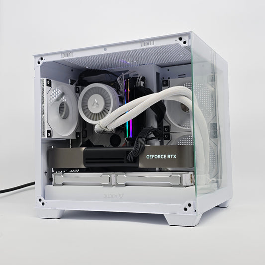 Computer case with visible internal components including a GeForce RTX graphics card on a white background
