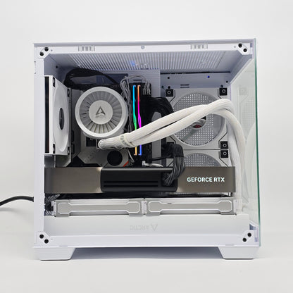 Open computer case with visible components on a white background