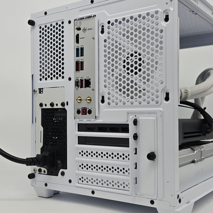 White computer case with visible components on a white background