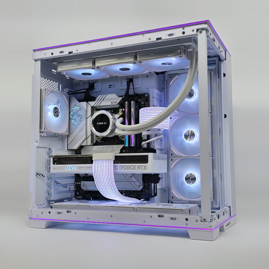 Open computer case with visible hardware components on a white background has a white rtx nvidia 5080 and an intel i9 14900k processor, very high end
