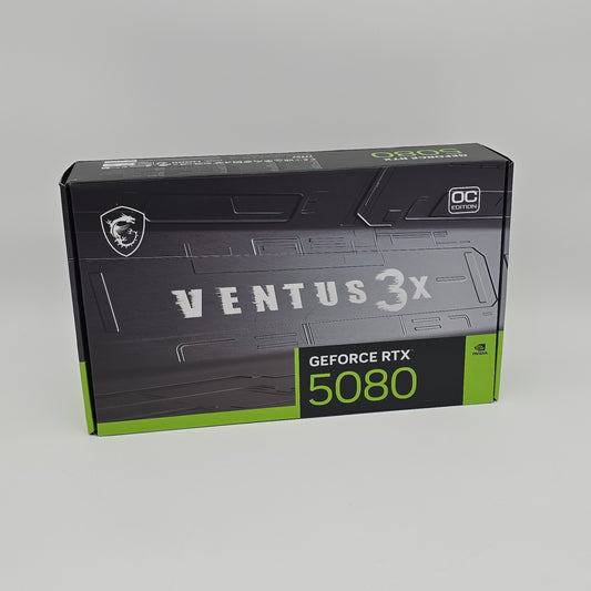Ventus 3x GeForce RTX 5080 graphics card packaging on a gray background