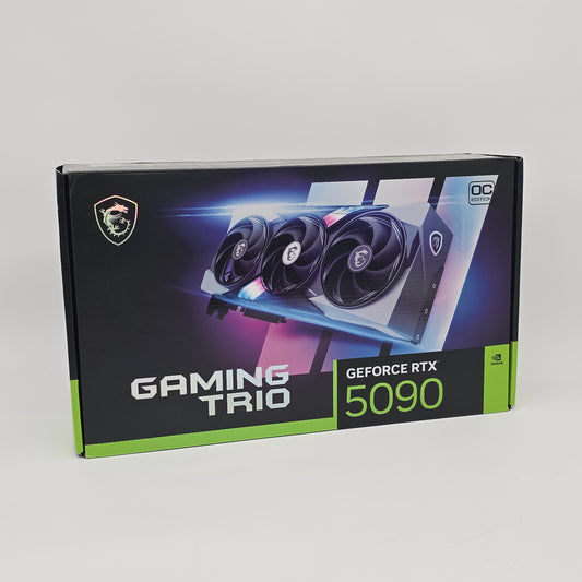 NVIDIA GeForce RTX 5090 GAMING TRIO graphics card packaging on a white background