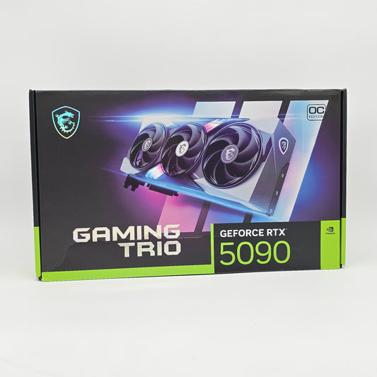 Msi Gaming Trio GeForce RTX 5090 graphics card packaging on a white background