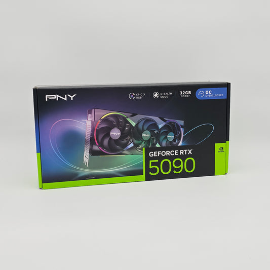 PNY GeForce RTX 5090 graphics card packaging on a white background