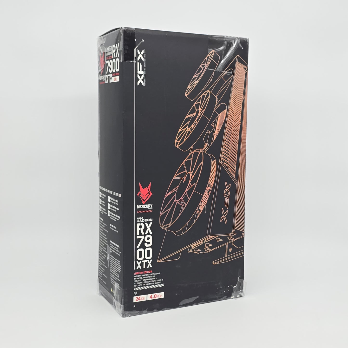 AMD Radeon RX 7900 XTX graphics card packaging on a white background