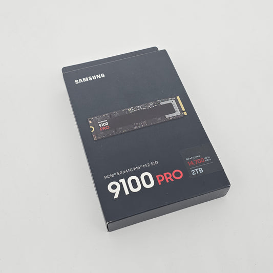 Samsung 9100 Pro SSD packaging on a light gray background