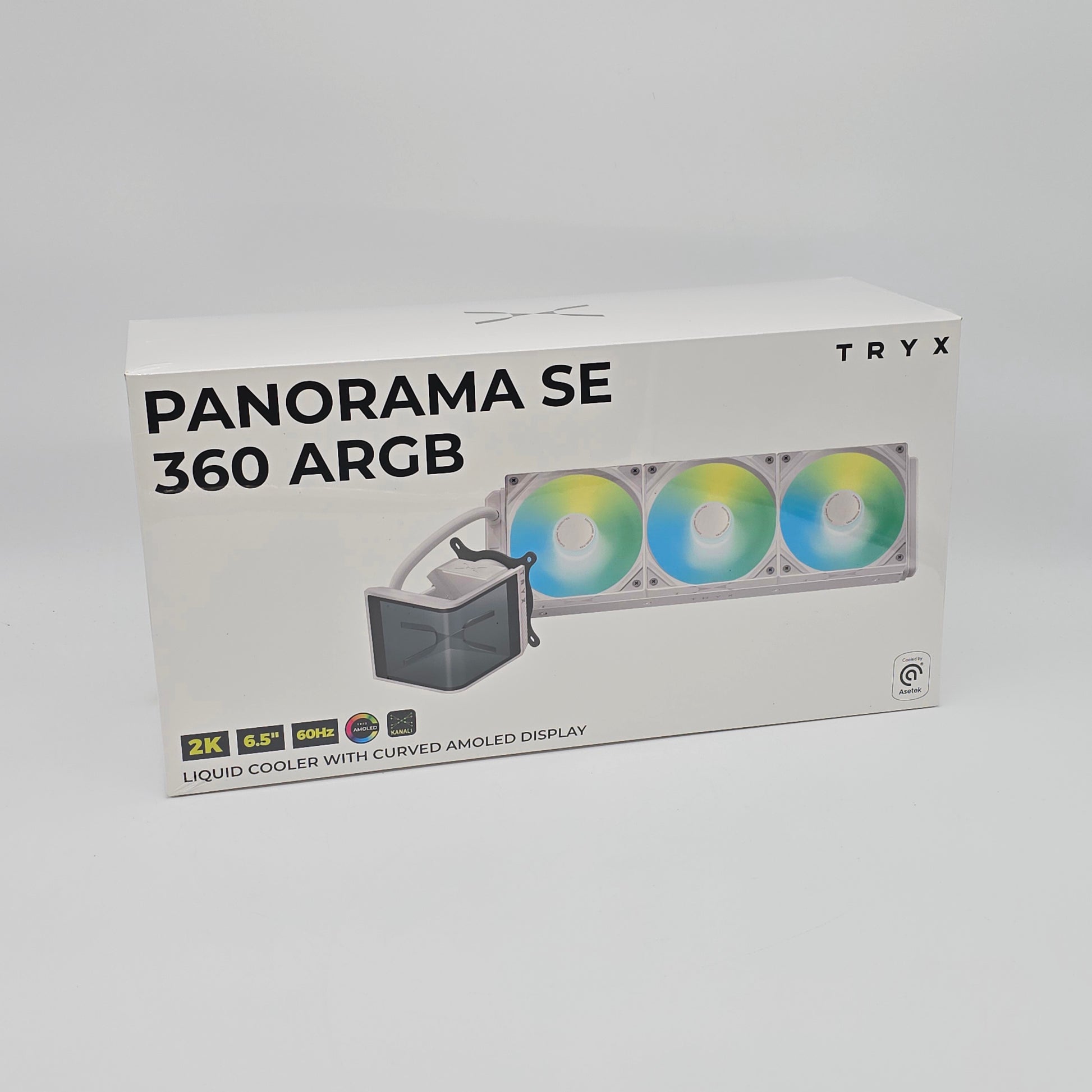 Box of TRYX Panorama SE 360 ARGB liquid cooler on a gray background