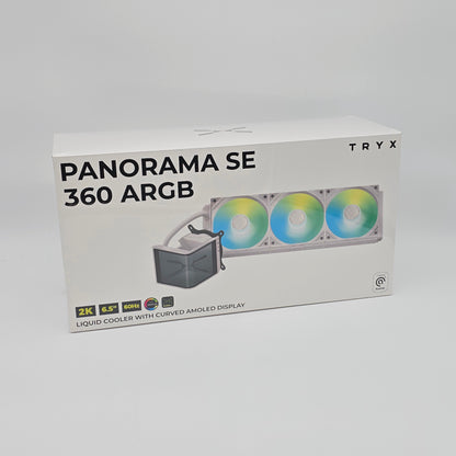 Box of TRYX Panorama SE 360 ARGB liquid cooler on a gray background