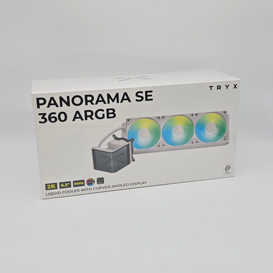 Box of TRYX Panorama SE 360 ARGB liquid cooler on a gray background